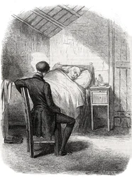 Rastignac egyedül maradt az öreg mellett, az ágy lábánál ülve... Metszet 19. század közepe. Illusztráció Honore de Balzac (1799-1850) „The Father Goriot”-hoz.