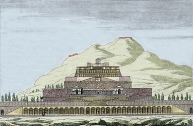 Fortuna (a véletlen római istensége) templomának rekonstrukciója Palestrinában, Olaszországban. századi metszet