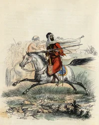 Abd-el-Kader emír vörös lovasai a francia hadsereg lován ülő vadászok elől menekültek Orannál 1841-ben, Leon Galibert „L