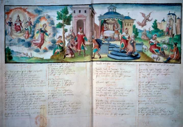Vallási Színház: „Szenvedély és feltámadás”” Valenciennes-ben játszották 1547-ben. Kéziratos oldal akvarellel, Paris, B.N.