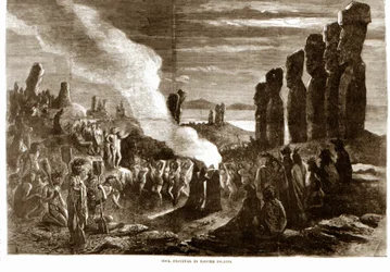 Vallási szertartás a Húsvét-szigeten (Rapa Nui), Polinézia. 19. századi metszet.