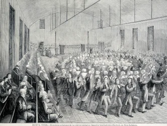 A Shakerek vallási körmenete New Yorkban. 19. századi illusztráció.