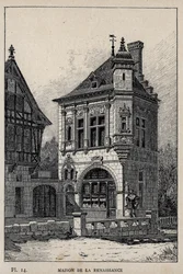 Reneszánsz ház – 1889-es metszet az „Emberi lakhatás története az 1889-es egyetemes kiállításon, Charles GARNIER úr – Librairie centrale des beaux-arts Paris 1889 című könyvében