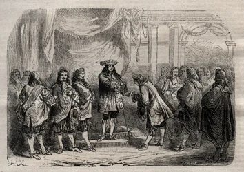 Rene Duguay Trouin (Duguay-Trouin) (Rene Trouin du Gue dit) (1673-1736) átveszi Szent Lajos keresztjét XIV. Lajos király kezéből – „” Dictionnaire populaire illustrious” metszet – 1864 – Joseph Decembre és Edmond Allonier -