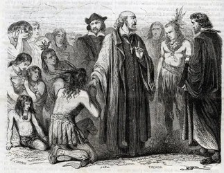 Bartolome de las Casas (1484-1566) domonkos pap, az indiánok misszionáriusának ábrázolása” (Bartolome de las casas dominikánus szerzetes és az indiánok védelmezőjének portréja – 1860-as metszet