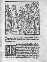 Diogene Laerce (120-240) ábrázolása (középen) különféle gondolkodókat és filozófusokat vesz körül Diogene Laerce (120-2450) költő és történész „” Kiváló filozófusok élete, tanai és mondatai” című oldaláról (Vitae Philosophorum)