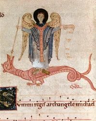Szent Mihály arkangyal és a sárkány ábrázolása Miniatűr fokozatos antifóniából (tropair) (ms. 65) 12. századi Plaisance, Biblioteca Capitolare