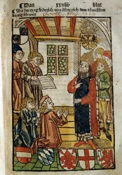 A Konstanzi Zsinat (1414-1418) képviselete, amelyet I. Zsigmond császár és XXIII. János antipápa hívott össze. Véget vetett a Nyugat nagy szakadásának. Miniatűr 1414. Párizs. Lengyel Könyvtár