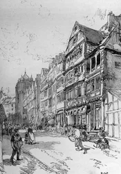 A frankfurti Zsidó utca ábrázolása, a Rothschild család szülőhelye. Metszet a "" The Illustrous World" -be