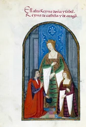 Spanyol királynő, Katolikus Izabella (1451-1504), lánya, Jeanne Iere the Folle (1479-1555) és Pedro Marcuello ábrázolása. A kézirat oldala Pedro Mar „” Folle Joan királynő (1479-1555) spanyolországi áhítat gyűjteményéből”