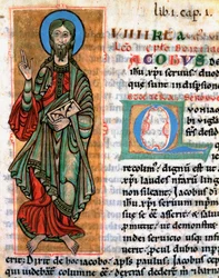 Nagy Szent Jakab apostol ábrázolása Miniatűr a „Codex Calixtinus”-ból (Szent Jakab könyve), 1140 körül. Fol. 4. A Santiago de Compostelai székesegyház (Santiago de Compostela) archívuma, Spanyolország
