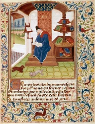 Az irodájában író szerző ábrázolása Miniatűr a „Minden erény virágai” vagy „Az erények rózsafüzére” című könyvéből” (Ms 291) 1460 Musee Conde, Chantilly