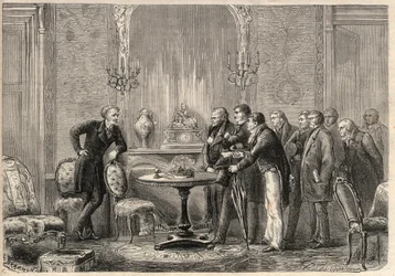 Honore de Balzac (1799-1850) „” Mercadet” (Le Faiseur) című darabjának bemutatása a Comedie Francaise-ban. III. felvonás, VI. jelenet. Metszet a „L