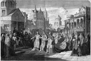 Richard Wagner (1813-1883) „Lohengrin” című romantikus operájának bemutatása, a II. felvonás utolsó jelenete a müncheni Királyi Színházban, Németországban. Metszet a „The Illustrous Universe”-be