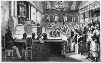 1848-as bécsi forradalom – Az első osztrák alkotmányozó nemzetgyűlés (Reichs Versammlung) ülése 1848. július a bécsi spanyol lovasiskolában.