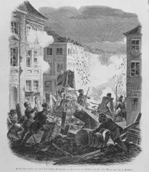 1848. márciusi forradalom: barikád Berlinben 1848. március 19-én. IV. Frigyes Vilmos porosz az újraegyesítés és a liberális kormány elfogadására késztetik.