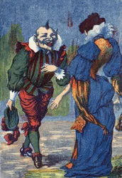 Riquet ismét bemutatkozik a hercegnőnek. Illusztráció a „Riquet a la houppe”-hoz, Charles Perrault (1628-1703) francia író meséje. Névtelen illusztráció. Képek Marcel Vagne, Jarville Nancy, dátum nélküli (19. század vége).