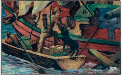 Robinson meglátogatja a törmeléket. Illusztráció Daniel Defoe (De foe) „” Robinson Crusoe”” című könyvéhez. A 19. század végének kromolitográfiája.