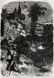 Rodomont, Izabella és az Öreg Remete – 1851-es metszet a „Dühös Roland” (Orlando furioso) című művéből (16. század), Ludovico Ariostotól, Ariosto néven ismert – Tressan gróf olasz nyelvről fordított kiadása, Gustave Harvard 1851.