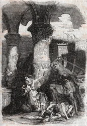 Rodomont mészárlás les habitatnts de Paris - 1851-es metszet a „” Roland furieux”-tól” (Orlando furioso) (16. század), Ludovico Ariostotól, Arioste néven ismert – Tressan gróf olasz nyelvről fordított kiadása, Gustave Harvard kiadása 185