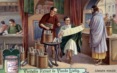 római könyvkereskedő. Kromolitográfia, Liebig-kép.