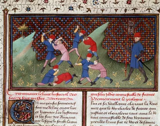 Roman, Ogier, a dán: harc kézzel és miniatűr bottal a „Bertrand du Guesclin krónikájából” (Ms 490) 1405 Musee Conde, Chantilly