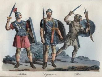 Római katona - legionárius - velesek (könnyűgyalogság) - metszet az „Usi e Costumi di Tutti i Popoli dell