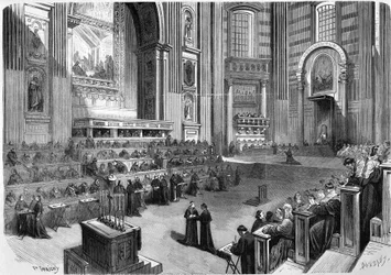 Róma 1869, az 1869. évi Ökumenikus Tanács első ülése december 9-én a Szent Péter-templom kereszthajójának jobb oldalán.