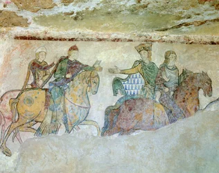 Királyi Cortege (vagy néha „királyüldözésként értelmezhető”), amely Henrik királyból (II. Henrik) áll a kortézs élén (ez a részlet hiányzik), mögötte felesége, Alienor d
