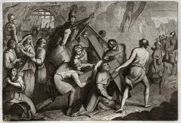 Royaumont Biblia, Újszövetség: A kereszt hordozása (Kereszt útja). Jézus Krisztus viszi keresztjét a Kálvária hegyére, a cirenei Simon (a cirenei) segítségével. Illusztráció 1811-ből.