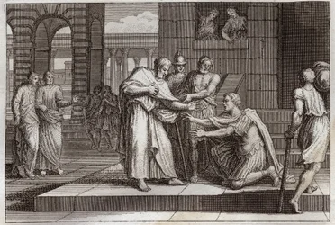 Royaumont Biblia, Újszövetség: Cornelius keresztel. Varjú a százados elfogadja Jézus Krisztus hitét, és Szent Péter megkeresztelkedik. Illusztráció 1811-ből.