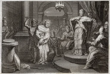 Royaumont Biblia, Újszövetség: Jézus Krisztus Caiphus és Anan előtt (Hanan vagy Anne vagy Hanne). Illusztráció 1811-ből.