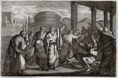 Royaumont Biblia, Újszövetség: Lame gueri. Szent Pál egy sánta harcos, és letartóztat egy népet, amely istenként akart áldozni neki. Illusztráció 1811-ből.