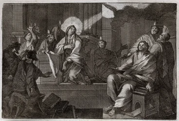 Royaumont Biblia, Újszövetség: Pünkösd. A Szentlélek leszáll Szűz Máriára és az Apoterekre. Illusztráció 1811-ből.