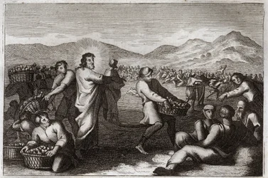 Royaumont Biblia, Újszövetség: A kenyerek szaporítása. Jézus Krisztus öt kenyeret szaporít, és ötezer embert táplál. Illusztráció 1811-ből.