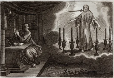 Royaumont Biblia, Újszövetség: Szent János kinyilatkoztatásai a Jelenések könyvében. Jézus Krisztus megjelenik Szent Jánosban hét arany gyertyatartó között, jobb kezében hét csillaggal, szájából karddal. Illusztráció 1811-ből.