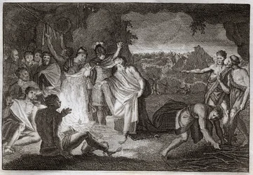 Royaumont Biblia, Újszövetség: Szent Pál elsüllyesztése. Megharapta egy vipera, minden baj nélkül. Illusztráció 1811-ből.