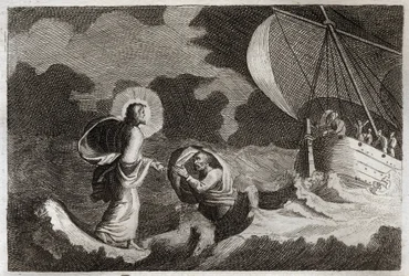 Royaumont Biblia, Újszövetség: Szent Péter a vízen jár. Jézus Krisztus a tengeren jár, és arra készteti Szent Pétert. Illusztráció 1811-ből.
