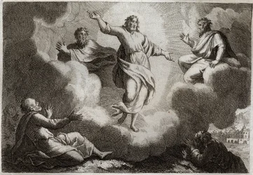 Royaumont Biblia, Újszövetség: Jézus Krisztus színeváltozása. Krisztus körülveszi Mózest és Illést Szent János apostollal, Péterrel és Jakabbal. Illusztráció 1811-ből.