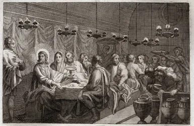 Royaumont Biblia, Újszövetség: Kána esküvője. Jézus Krisztus első csodája, amely a vizet borrá változtatta. Illusztráció 1811-ből.