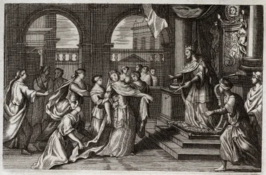 Royaumont Biblia, Ószövetség: Eszter bemutatkozik I. Xerxész (I. Assvérus) király előtt, azzal a szándékkal, hogy megmentse népét az őt fenyegető haláltól. Illusztráció 1811-ből.