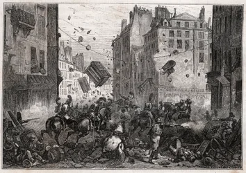 Rue Saint-Antoine a Trois-Glorieuses idején (1830. július) – Az 1830-as forradalom Barikád harcok a Rue Saint-Antoine-on (Saint Antoine) 1830-ban