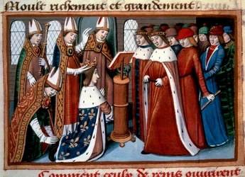 VII. Károly király (1422-1461) felszentelése a reimsi érsek által 17/07/1429-én. Miniatúra Martial d