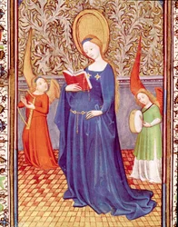 Szent Cecile két angyal zenésszel körülvéve Miniatűr a portugál I. (Duarte) Edward óráiból (1391-1438) vett 15. századi lisszaboni, Torre do Tombo-ból