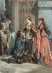 Szent Lajos (1214-1270), francia király és édesanyja Blanche de Castille (1188-1252). 1881-es metszet a „Szépkultusz” című művében, Juan Justo Huguet, Molinas Hermanos szerkesztő