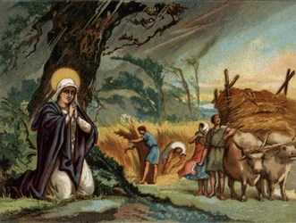 Sainte Genevieve (422-502), Párizs védőszentje őrzi a vihar termését a meaux-ban.Kromolitográfia 1890 körül.