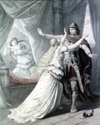 A „Cola Rienzi, az utolsó tribunok” (Rienzi, der Letzte der Tribunen) jelenete, Richard Wagner operája, aki a Heros Rienzit képviseli Irénnel a Capitolium-palotában. 1842. Metszet.