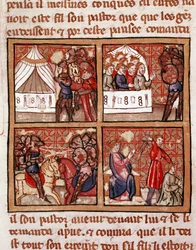 Két ellenséges tábor összecsapásának jelenete, kivégzés a jobb alsó sarokban. Egy 14. századi kézirat oldala Biblioteca Marciana Venice