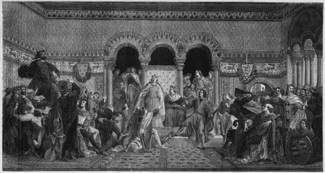 Magyar Szent Erzsébet (1207-1231) életének színhelye. Metszet 1878-ból Maurice de Schwindau falfestményéről, Wartbourg kastély költőszobája.