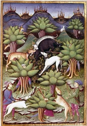 A vaddisznóvadászat jelenete Miniatűr a „” című filmből. Kezelje a solymászatot és a venyeret Sforza hercegének mottójával és emblémájával” 1459 (ms. 1375) Chantilly, Musee Conde